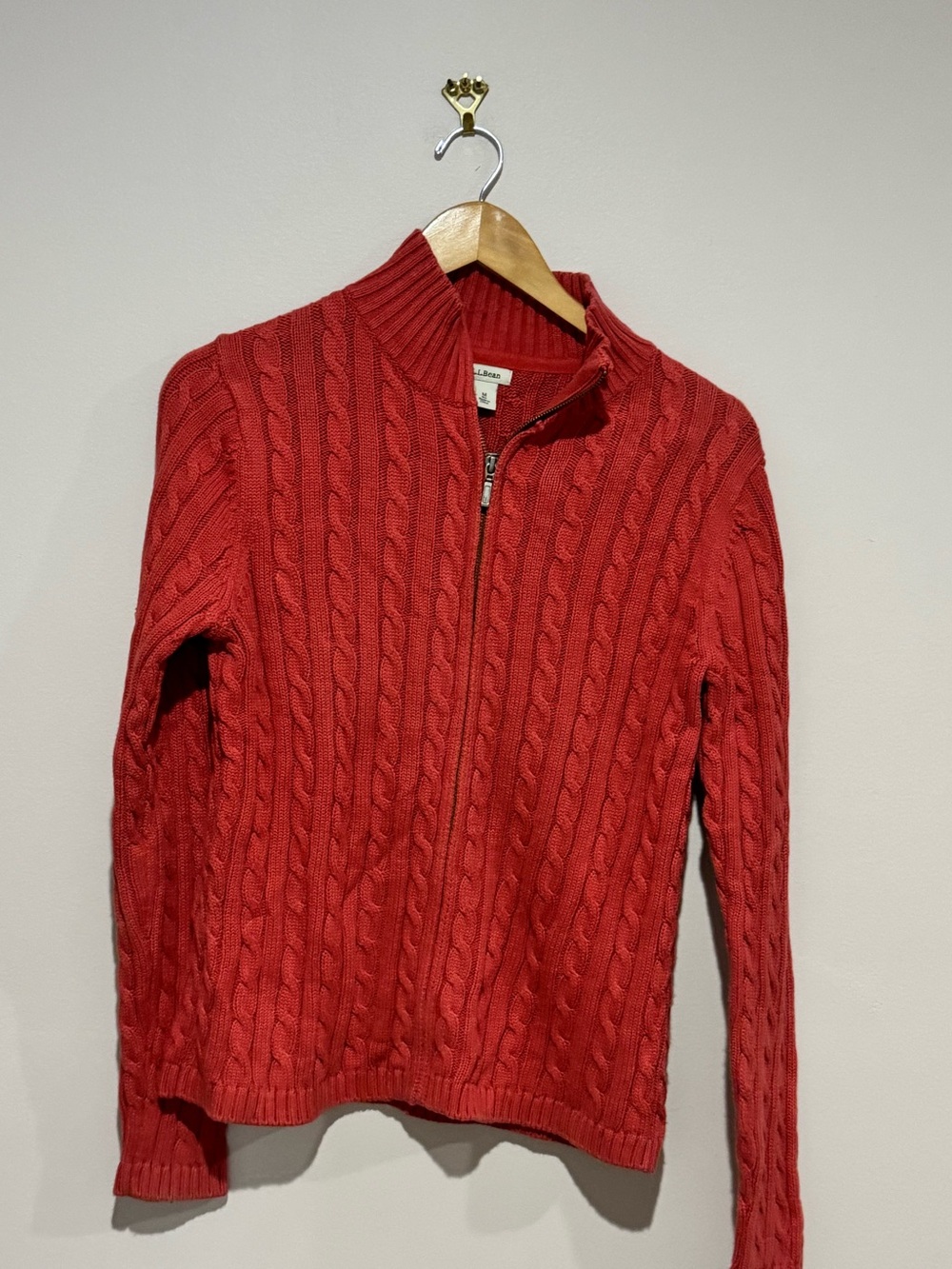 LL Bean Red Cable Knit Sweater Cardigan M Fisherman Full Zip Womens 100% Cotton